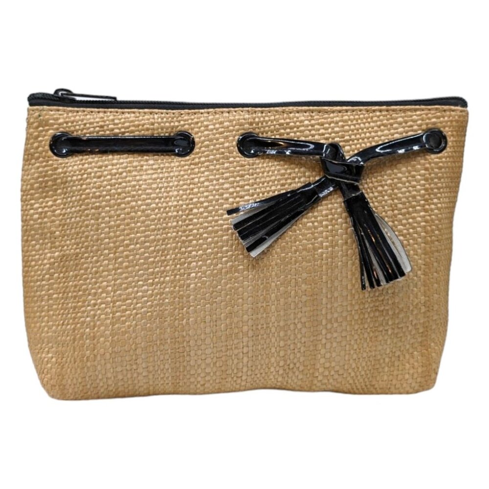Stephanie Johnson Cosmetic Makeup Bag Womens Beige Woven Travel Case